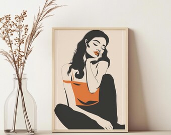 Boho Woman Art Print, Abstract Female Living Room Art Print, Mid Century Modern Female Printable Art, Aesthetic Modern Woman Printable