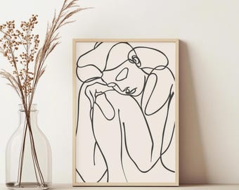 Modern Woman Line Drawing Art Print, Feminine Neutral Wall Print, Female Body Print, Living Room Minimalist Print, Beige Modern Line Art