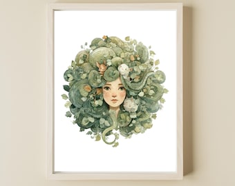 Dryad Wall Art, Forest Sprit Printable Wall Decor, Watercolor Nature Wall Art, Fantasy Forest Nymph Art, Woman In Nature, Fantasy Nature Art