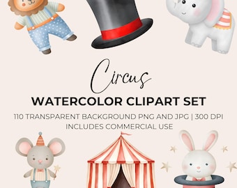 110 Watercolor Circus Clip Art Bundle, Circus Animals Illustrations, Carnival Nursery Art, Circus Party Decor, Circus PNG JPG Clipart Set