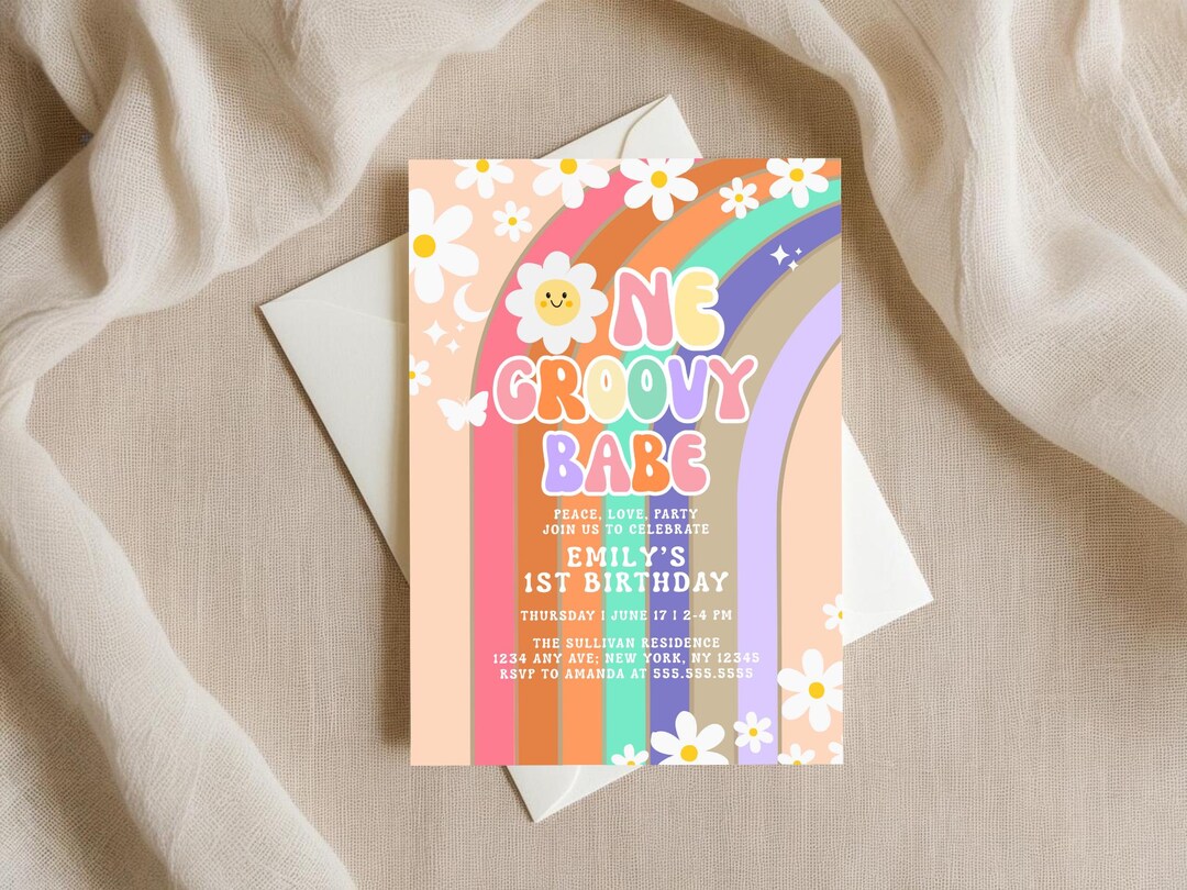 Groovy Birthday Party Invitation Template, Groovy Daisy Rainbow Invite ...