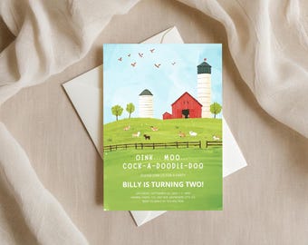 Puede incluir: Una tarjeta de invitación con temática de granja con un granero rojo, un silo y un campo verde. Se muestra el texto "OINK... MOO... COCK-A-DOODLE-DOO", junto con las palabras "BILLY IS TURNING TWO!" en un sobre blanco.
