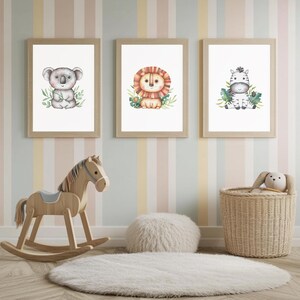 Safari Nursery Wall Prints, Watercolor Animal Nursery Wall Art, Printable Kids Nursery Animal Wall Decor, Koala, Lion, Zebra, Jungle Nursery