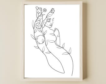 Floral Woman Line Drawing Print, Minimalist Female Line Art, Woman With Flowers Wall Art Print, Minimalist Wall Art, Aesthetic Modern Floral
