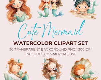 Pacchetto di clipart di sirene carine, clipart a tema sottomarino, clipart di sirene acquerellate, clipart di animali marini carini, clipart per uso commerciale