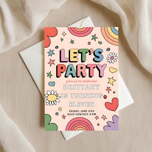 May include: A pink birthday party invitation with colorful illustrations of rainbows, stars, and flowers. The text reads "Let's Party" in colorful, bold letters. The invitation is for Brittany's 11th birthday party on Friday, June 13th.