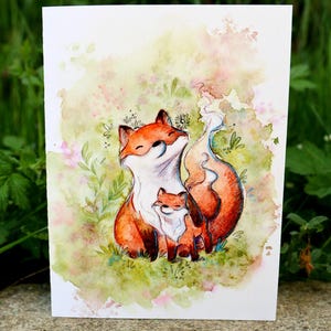 Biglietto per la festa della mamma / Mamma volpe e il suo cucciolo / Biglietto piegato con acquerello