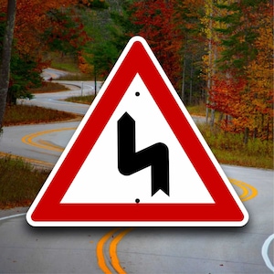 Curvy Road Marker - European Triangle Sign - Curve Ahead - Motorsport Racing Gift - Twisty Drive - Autobahn Travel Safety - Fun Garage Decor