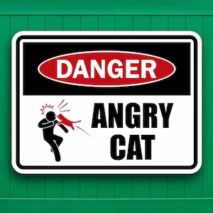 May include: A white sign with black and red lettering that reads "DANGER ANGRY CAT". A black stick figure is shown being scratched by a red cat.