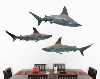 Shark Family - Lifelike Wall Decals - 3 Pieces - Removable - Ocean Predator Fish Decor - Reef Diver - Photo - Exciting Room Decor - Deep Sea