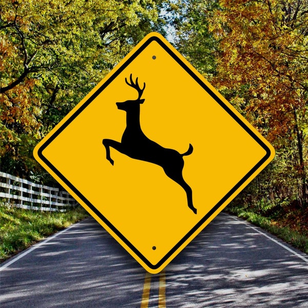 DEER CROSSING SIGN - Aluminum Highway Style Placard - Hunting Cabin - Cave Décor- Treestand Trail Marker- Road Safety - Fun Country Garden