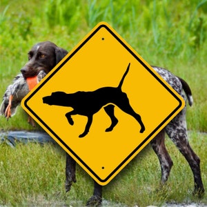 May include: A German Shorthaired Pointer dog with brown and white speckled fur carries a bird in its mouth. A yellow diamond-shaped sign with a black dog silhouette is in the foreground, set against a green grassy background.