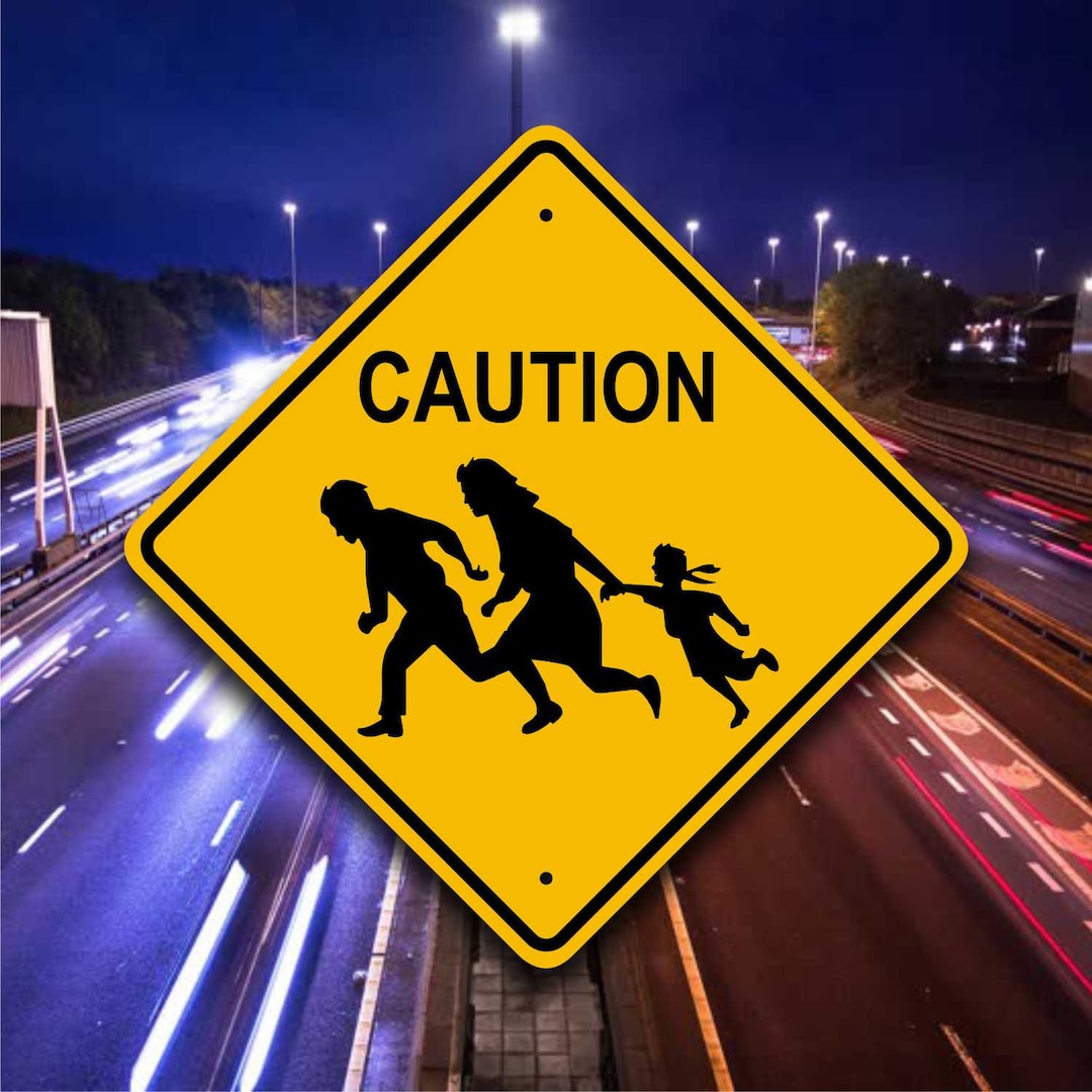 Immigrant Crossing Sign Family Running Across Road Unique 