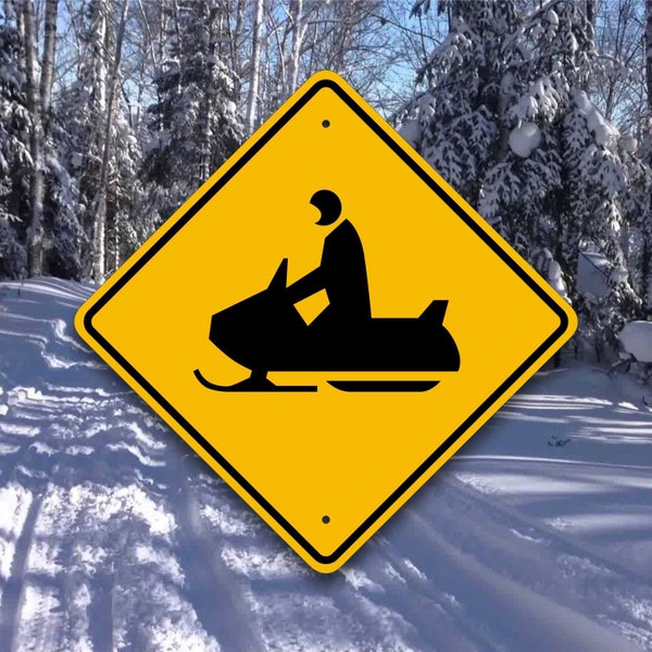 Snowmobile Crossing Sign- Trail Marker - Aluminum Skidoo Placard- Winter Cabin Decor - Sled X-ing Safety - Roadway Warning - Garage Art