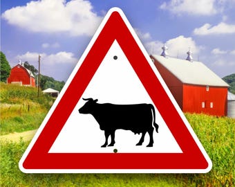 European Style Cattle Warning Sign - Road Safety Warning Triangle - Colorful Farm Decor - International Farmhouse -  Ranch Animal Yard Decor