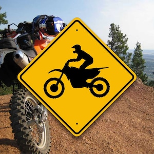 Dirt Bike Crossing Sign - Enduro Trail Marker - Motocross Inspired Gift Idea - Motorcycle Garage Decor - Off Road Riding Safety Placard -Fun