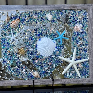 Seashell art for beach home, beach decor, resin art, resin seashell window, beach house decor, seaglass art, seashell arrangement decor