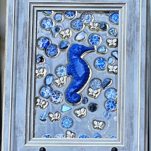 Art for beach home, beach decor, resin art, resin seahorse window, beach house decor, seaglass art, seahorse arrangement decor