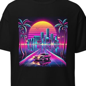 Retro Neon Miami Tee – 80s Skyline, Futuristic Sports Car Vibes, Vibrant Synthwave Aesthetic, Tropical City Lights, Bold Street Energy