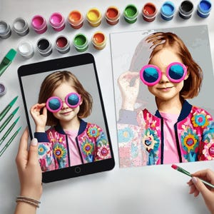 May include: A paint by numbers kit featuring a young girl wearing pink sunglasses and a colorful floral jacket. The kit includes paints, brushes, and a canvas with a pre-printed design.
