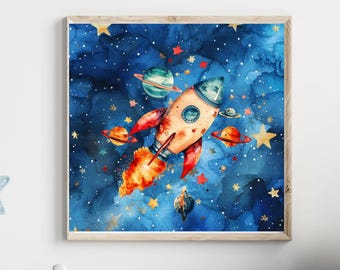 Rocket Nursery Art Print: Space Theme Kids Decor (Digital Download)