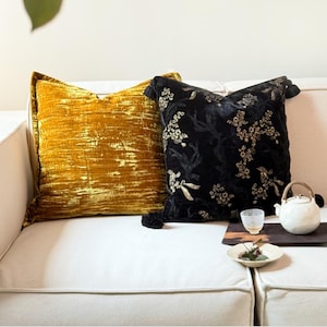 Black Velvet Embroidered Throw Pillow Cover | Mustard Gold Pillowcase | Living Room & Tea Room Decor | Sofa Couch Pillow Decor