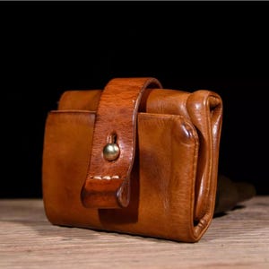 Portafoglio e porta carte a tre ante retrò in pelle pieno fiore conciata al vegetale, lavato pesantemente, fatto a mano - Portafoglio corto pieghevole in vera pelle