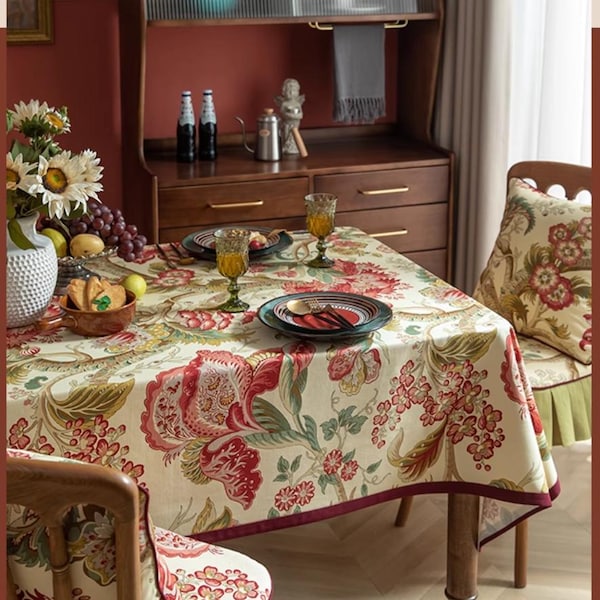 Vintage Französische Blumen Tischdecke: Burgund Frühlings Dekor, Festival Tuch
