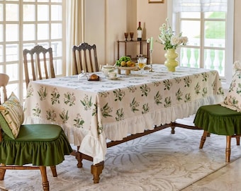 Green Plant Tablecloth: French Retro Style, Pleated Hem TableCover,Ruffled Round Tablecloth