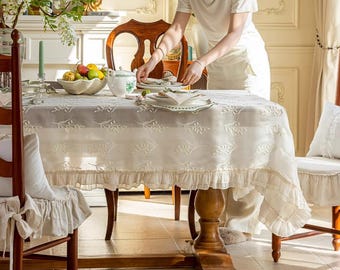 Elegant Embroidered Tablecloth with Relief Stitching - Vintage French Style Dining Table Cover with Ruffle-Wedding Lace Tablecloth