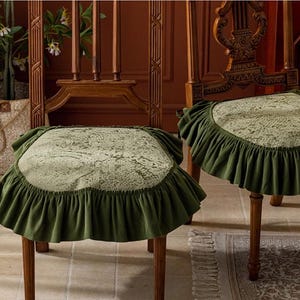 Green Floral Chair Seat Cover with Ruffle: Retro French Style
