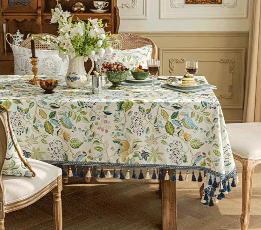 Bird and Floral Round Tablecloth – Cottagecore Summer Decor|"Spring & Summer in the Town" –|FrenchCountryDecor