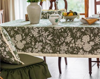 Retro Green Floral Tablecloth for Dining Table,Tea Table Cover, Customizable Farmhouse Tablecloth