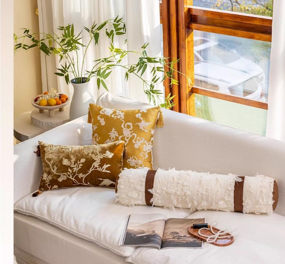 Floral Jacquard Gold Throw Pillow Cover: Brown Sofa Pillow,plush