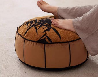 Footstool Cover|Jacquard Floor Brown Pouf Cover: Round Meditation Cushion,Floor Pillow,Gift for new home,Thanksgiviing Gift