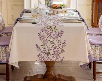 Purple Tablelcoth,Hand-Drawn Wisteria Design Tablecover,Rustic Waterproof Tablecloth, French Dining Tablecover,Minimalist Tablecloth