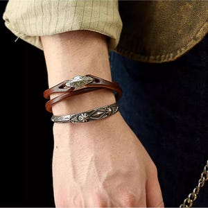 Pulsera de cuero retro - Plata de ley 925 - Pulsera grabada a mano - Regalo para novio/aniversario - Pulsera para pareja/regalo para él