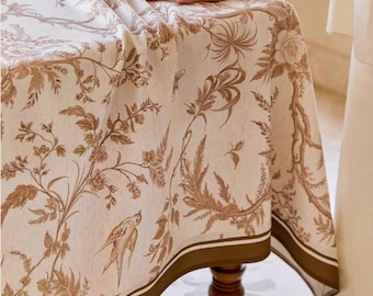 Vintage Swallow & Vine Round Tablecloth – Timeless Elegance for All Seasons|Brown Floral Tablecloth| India Table Cover For Dining Table