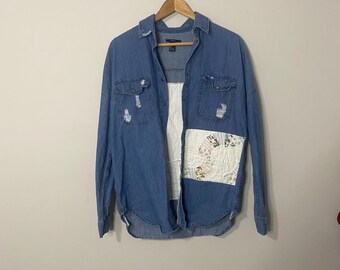 Upcycled Reworked /One of a Kind/ Cottage Core Quilted Lace Patchwork Button Down Denim Shirt