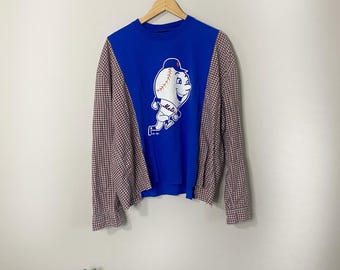 Upcycled MLB Baseball New York Mets Baumwollmischung Spieltag kariertes Langarmtop