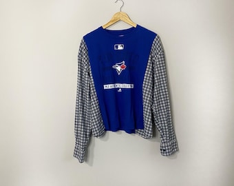 Upcycled MLB Baseball Toronto Blue Jays Baumwollmischung Spieltag kariertes Langarmshirt