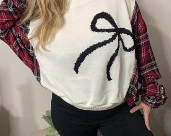 Upcycled Reworked / One of a Kind / Handmade Bow Sweater Flanell Top