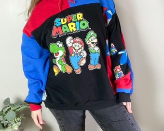 Upcycled Reworked/ Super Mario Bros/ One of a Kind/ Handgemachtes Patchwork Nintendo Hoodie-Sweatshirt