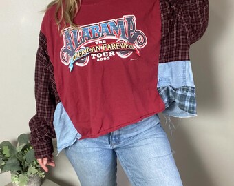 Upcycled Alabama Tour Flanell Top : Überarbeitetes Denim Langarmshirt