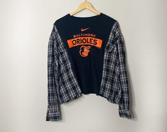 Upcycled MLB Baseball Baltimore Orioles Baumwollmischung Spieltag kariertes Langarmshirt