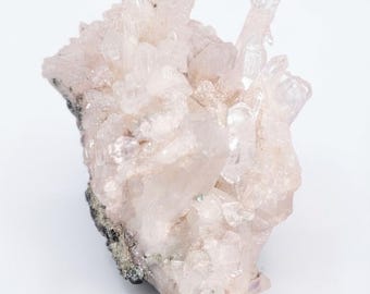 Op de afbeelding: Een cluster van lichtroze kwartskristallen met een grillige, doorschijnende structuur. De mineraalformatie heeft meerdere scherpe, puntige uiteinden die uitsteken vanaf een donkere, getextureerde basis, met natuurlijke variaties in licht en helderheid.