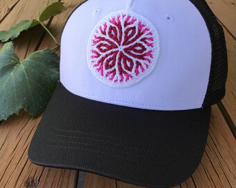 Handmade Crochet Mandala Trucker Cap (Cranberry)