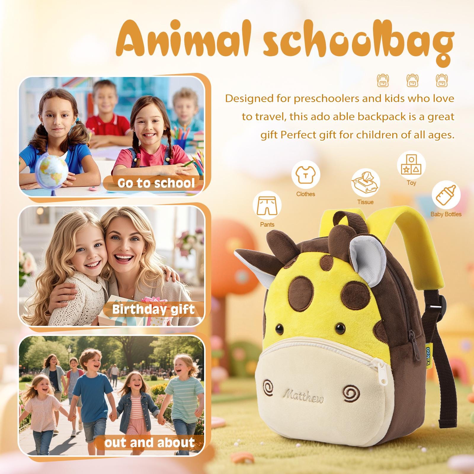 Mochila Infantil Personalizada Con Nombre Y Diseño De Animal - 15 Modelos, Felpa Suave, Ideal Guardería O Regalo