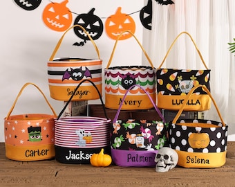 Halloween Süßigkeitskorb mit großer Kapazität - Personalisierte Süßes oder Saures Tasche mit Namen - Robuste Baumwollsammeltasche für Kinder