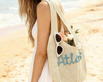 Custom Beach Bag with Name, Knitted Tote for Bachelorette, Personalized Wedding Gift, Women's Vacation Bag, Bridal Shower Present